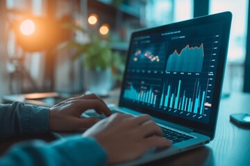Cropped photo of businessman analyzing business diagram, marketing statistics and finance market graphs on laptop monitor in the office.