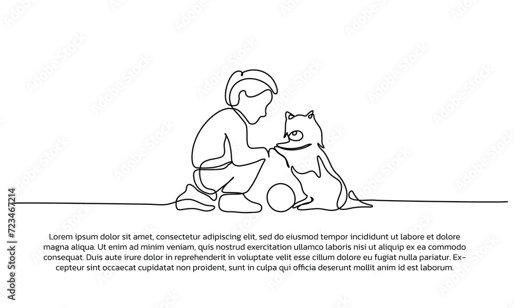 Poster continuous line design of boy feeding cat. single line decorative elements drawn on a white backgrou