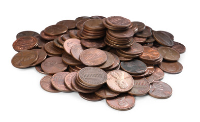 Pile of American coins on white background