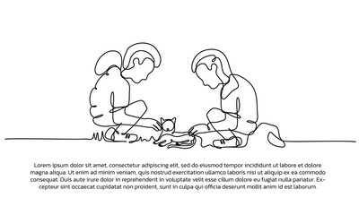 Continuous line design of boy and girl playing with cat. Single line decorative elements drawn on a white background.