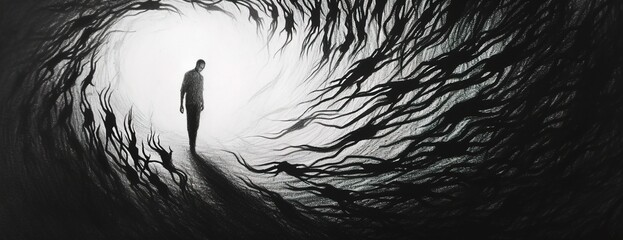 Black and white illustration of person surrounded by dark ghost souls representing anxiety and depression. Mental health concept