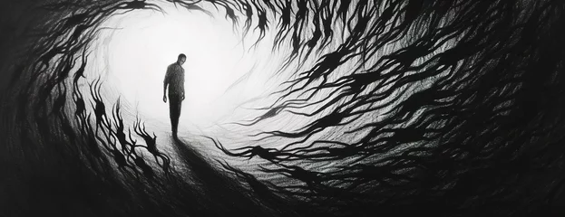 Poster Black and white illustration of person surrounded by dark ghost souls representing anxiety and depression. Mental health concept © Pajaros Volando