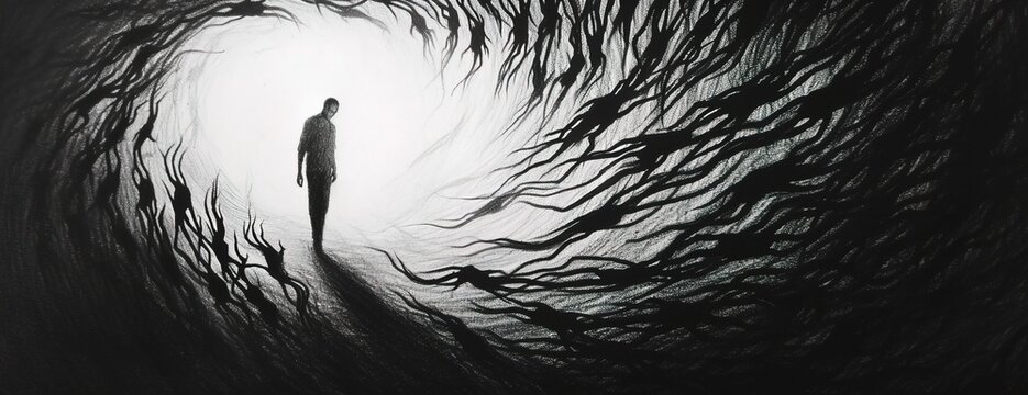 Black and white illustration of person surrounded by dark ghost souls representing anxiety and depression. Mental health concept
