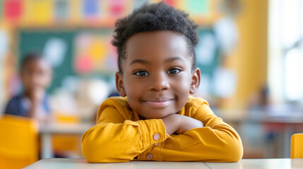 School portrait of a young happy boy smiling in a classroom - obrazy, fototapety, plakaty