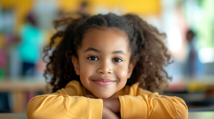 School portrait of a young happy child smiling in a classroom