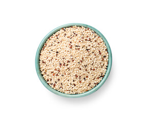 Raw quinoa seeds in bowl isolated on white, top view