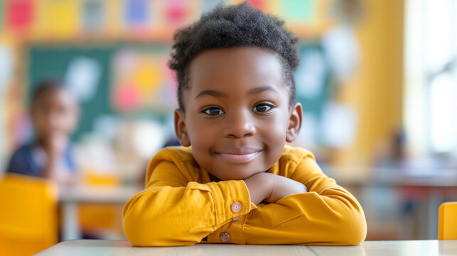 School portrait of a young happy boy smiling in a classroom