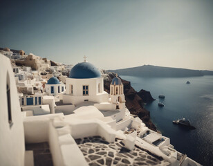 Fototapeta premium Charming Santorini, island with pristine beaches, and iconic white buildings, Mediterranean, high detail, seascape, cinematic, greece, greek