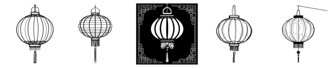 Chinese Lanterns Chinese New Year theme Black and White Silhouette Vector Laser Cut T- Shirt Design Print Bundling Generative Ai