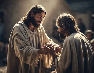 Jesus helping someone, realistic, detailed, cinematic light, contrast, disciple 
