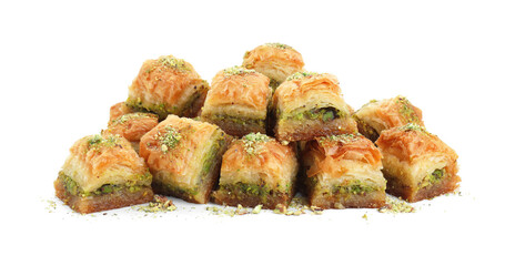 Delicious fresh baklava with chopped nuts isolated on white. Eastern sweets