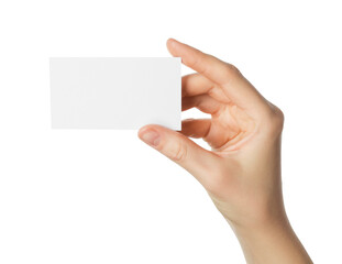 Woman holding blank business card on white background, closeup. Mockup for design