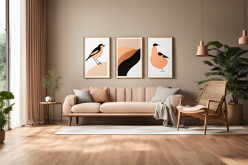 Artistic Aviary: Realistic Bird Paintings in a Simple Modern Living Room
