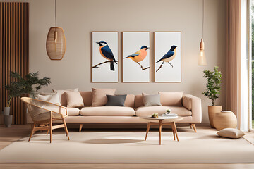 Whimsical Flight: Realistic Birds in a Simple Modern Living Room Setting