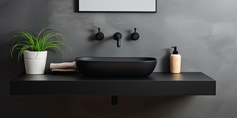 Black matte sink and wall mounted basin tap in bathroom photo.