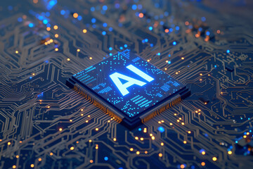 AI processor chip on circuit board, glowing AI microchip, macro