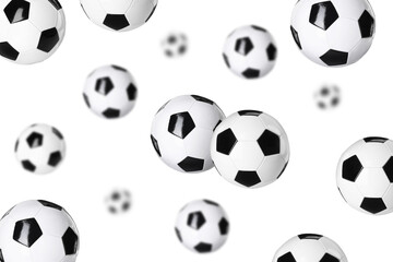 Fototapeta premium Many soccer balls falling on white background