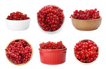 Fresh red currants in bowls on white background, collection. Top and side views