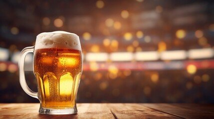 Refreshing beer in a mug with overflowing foam, placed on a wooden table with a blurred sports bar atmosphere. - obrazy, fototapety, plakaty