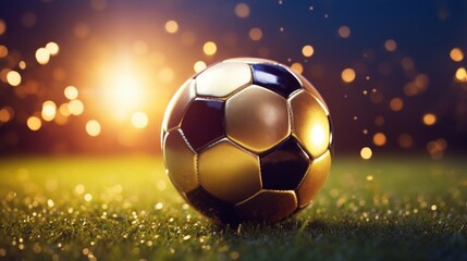 Naklejka premium Golden bokeh lights enhance the magic of a soccer ball resting on the grass, perfect for sports and leisure themes.