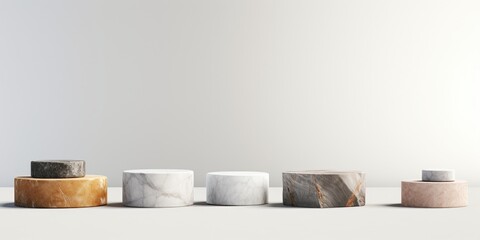 Abstract geometric pedestals on white table for product advertising with copy space. Stone platform mockup.