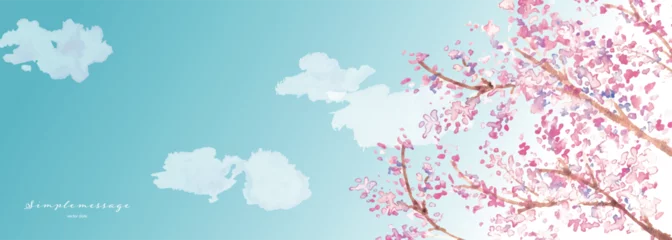 Zelfklevend Fotobehang 水彩画。水彩タッチの満開の桜ベクターイラスト。桜舞う入学式の背景。春の桜風景。Watercolor painting. Vector illustration of cherry blossoms in full bloom with watercolor touch. Background of entrance ceremony with dancing cherry blossoms. Sp © necomammma