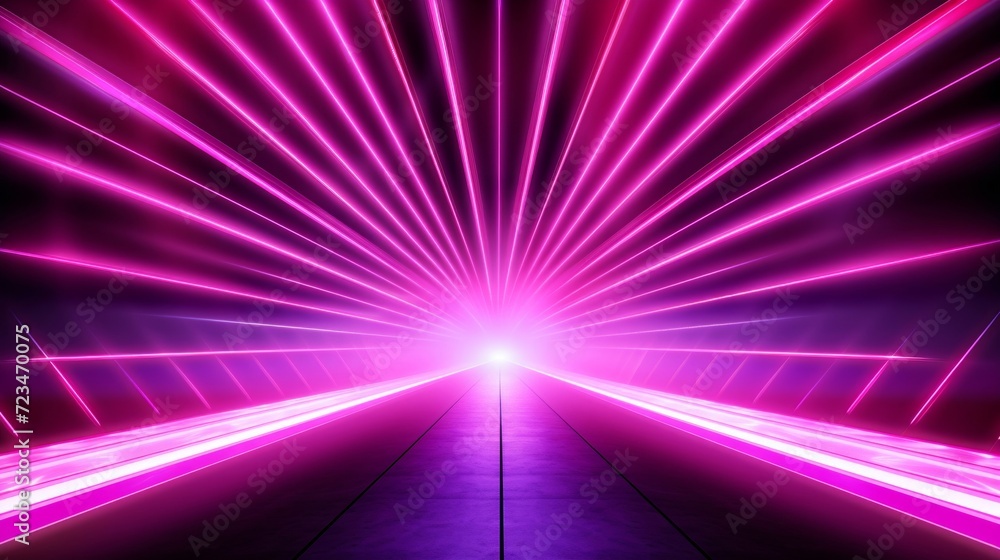 Poster perspective view of a tunnel illuminated by pink neon lights, creating a feeling of motion and speed