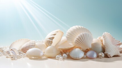 Obraz na płótnie Canvas Assortment of delicate seashells and pearls arranged on a soft, sandy background bathed in sunlight.