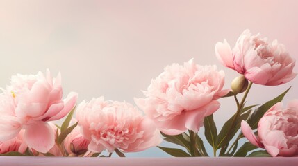 Fototapeta premium Beautiful blooming pink peonies with soft petals against a pastel backdrop, symbolizing romance and spring.