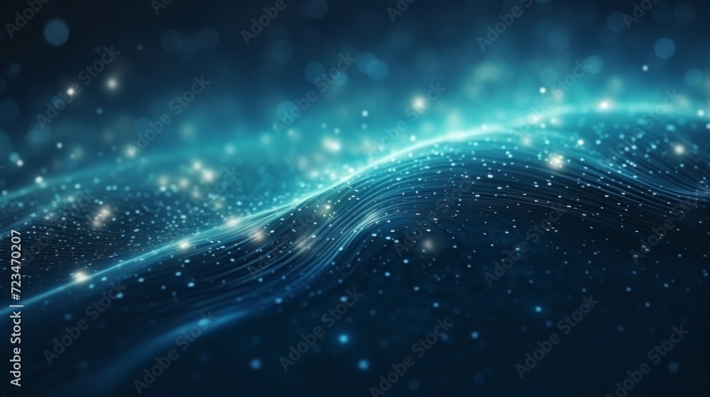 Poster digital illustration of blue light waves flowing with a particle effect.