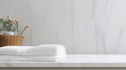 Spa concept with plush white towels and fresh tulips in a basket on a marble background.