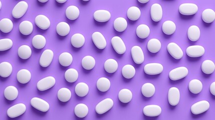 Scattered white oval pills on a vivid purple backdrop, healthcare concept.