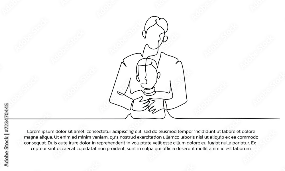 Poster continuous line design of portrait of father and son. single line decorative elements drawn on a whi