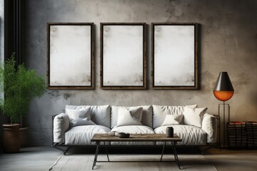 Fototapeta na wymiar empty poster frame on wall of living room , blank poster frame,(Multiple values)