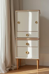 A white and gold cabinet with drawers. An essential piece of furniture to create a room with natural lighting. White cabinet in minimalist style.