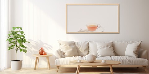 Poster hanging in bright living room with sofa, table, and tea mug.