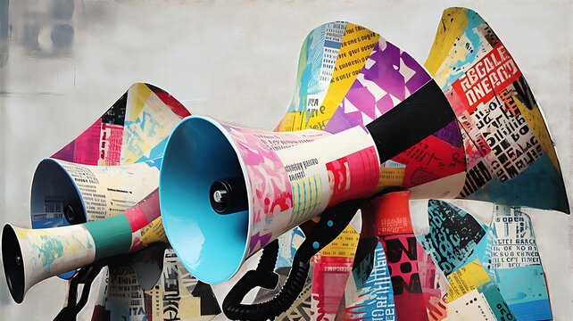 Megafones de papel colagem em fundo abstrato urbano