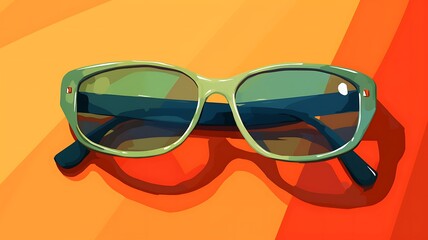 Óculos de sol verdes com reflexo sobre fundo laranja e vermelho