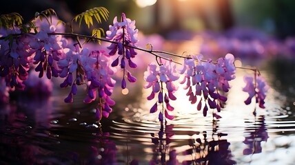 Delicadas flores de glicínia se debruçam sobre um tranquilo lago
