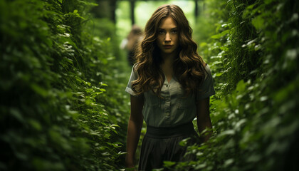 Naklejka premium Young woman in nature, looking at camera, smiling, beautiful generated by AI
