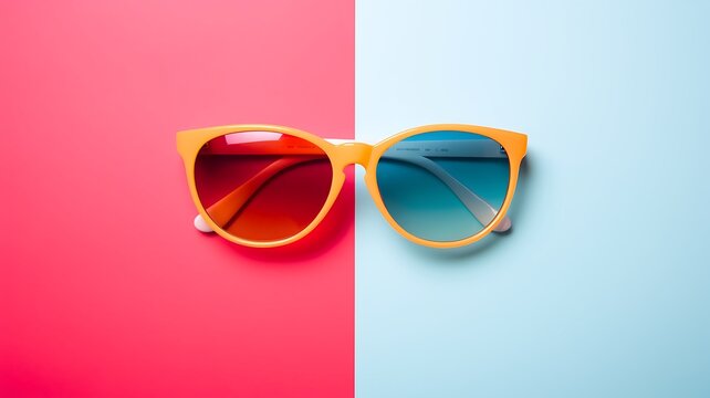 Óculos amarelos em fundo dividido rosa e azul pastel