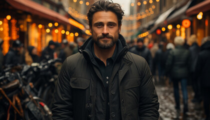 Obraz premium A confident young man, looking at camera, in the city at night generated by AI