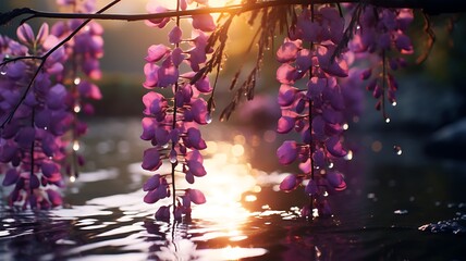 Delicadas flores de glicínia pendem sobre um lago sereno ao entardecer.