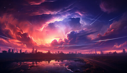 Futuristic cityscape reflects on water, pollution stains the atmosphere generated by AI