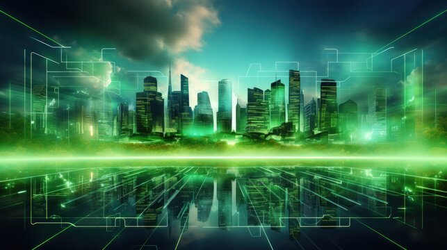 Smart futuristic city green abstract background. Generate AI image