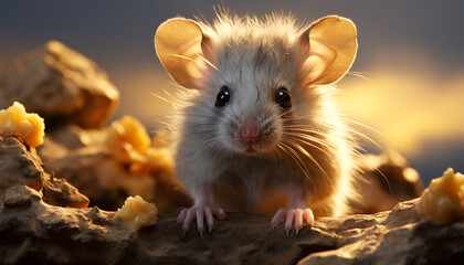 Cute small rodent sitting outdoors, looking at the sunset generated by AI