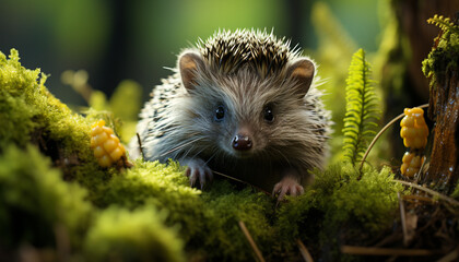 Cute small hedgehog looking alert in green grass outdoors generated by AI