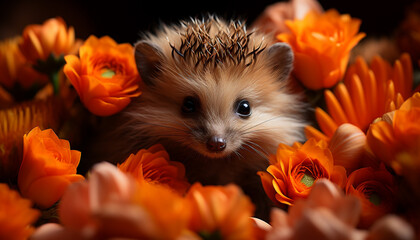 Obraz premium Cute hedgehog looking at camera in green grass generated by AI
