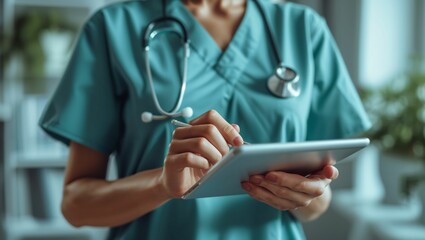 A nurse is taking notes on a tablet in her office