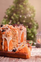 Two Panettone with Sugar Glaze and Pieces of Fruits and Chocolate. Christmas Eve Pastry